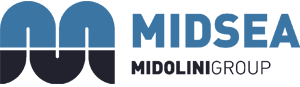 Logo Midsea Midolini Group con scritta blu e neor in maiuscolo