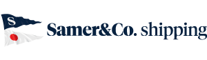 Logo Samer & Co. Shipping con due bandiere triangolari sovrapposte: una blu scura con una 'S' bianca e una bianca con un cerchio rosso